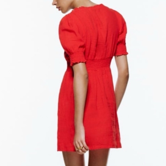 NWT Zara Red Linen Sweetheart Ruffle Mini Dress Button Accent Pullover Medium - Picture 4 of 12